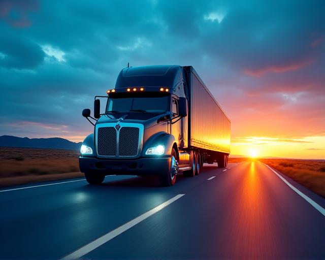 Modern heavy duty truck on a highway at dusk