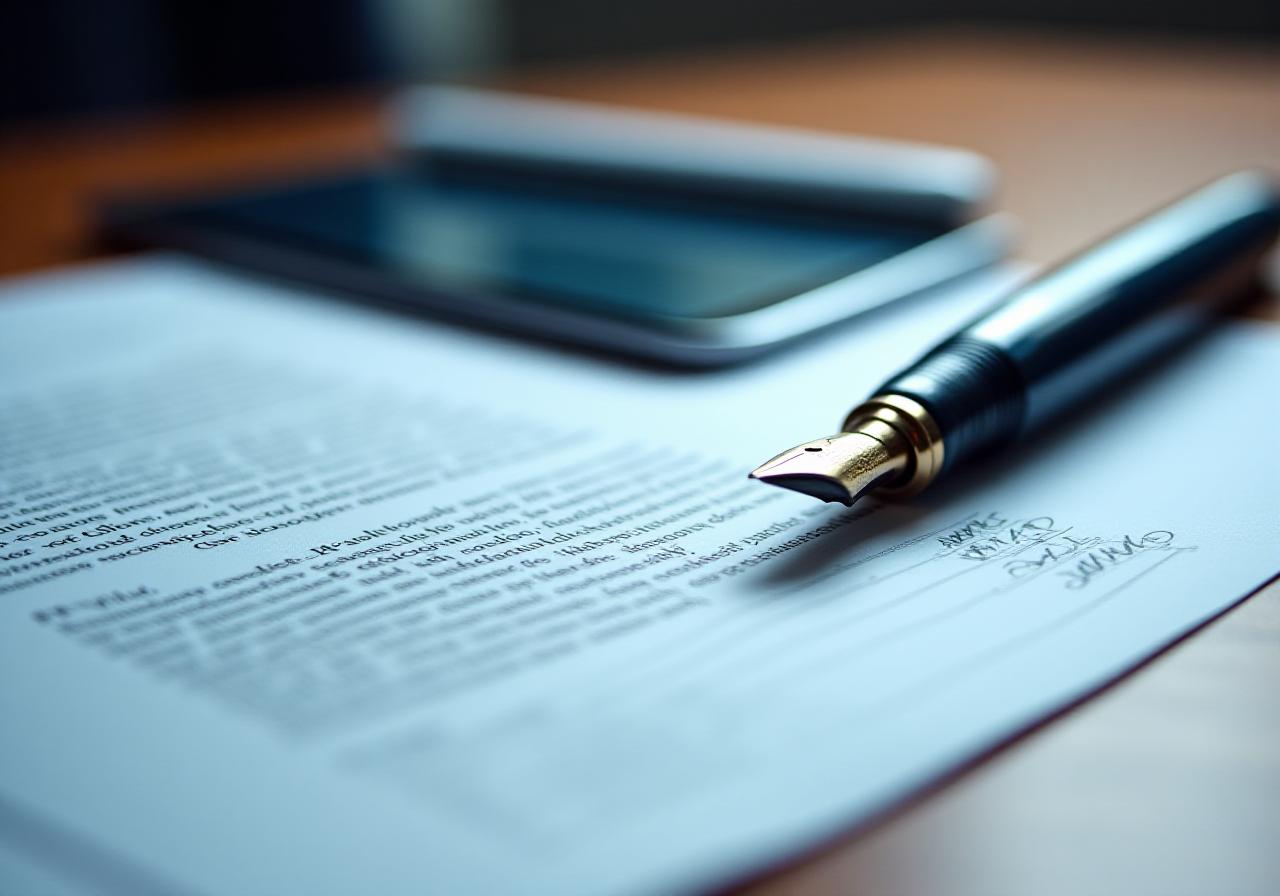 Close up of a professional contract and digital signing device on a dark mahogany desk